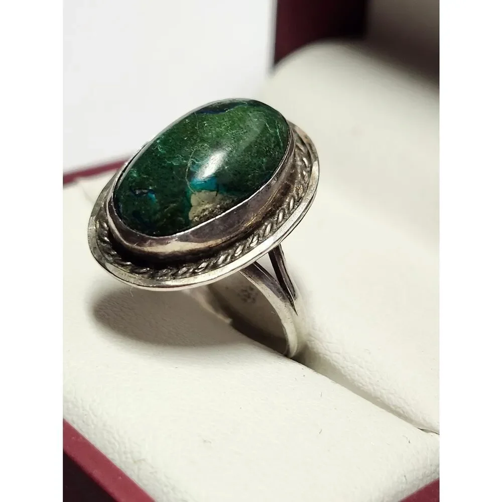 VINTAGE MEXICO STERLING SILVER AND CHRYSOCOLLA STONE RING SIZE 7.75